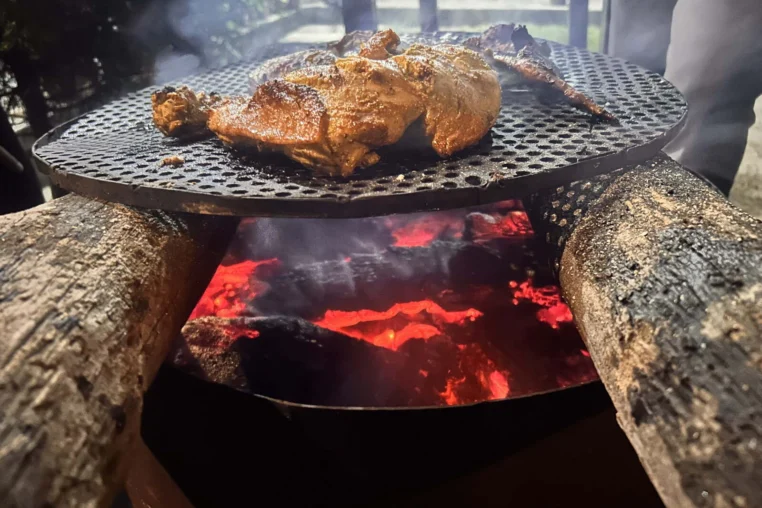 A chicken roasting on a grate over glowing embers
